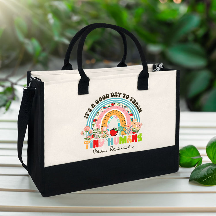 Personalized Teacher Tote Bag, It's A Good Day To Teach Tiny Human, Back To School, Gifts For Teacher Canvas Zipper Tote Bag