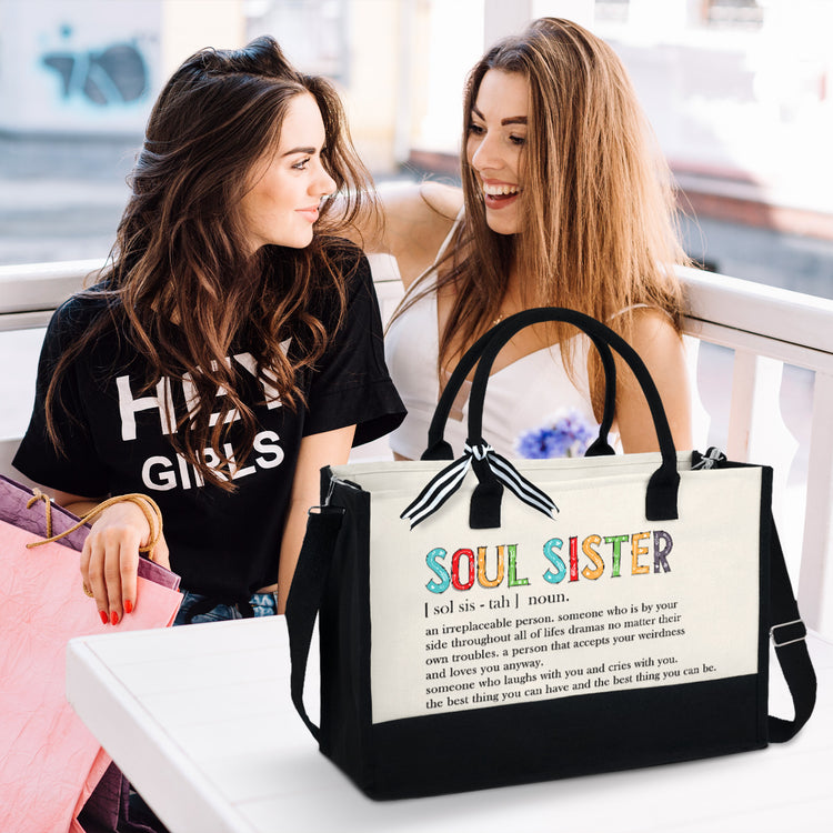Christmas Gift Ideas For Friend, BFF, Sisters Gifts From Sister - Birthday, Thanksgiving Gifts For Women Friendship, BFF, Bestie, Soul Sister Gift Ideas - 13oz Canvas Tote Bag With Zipper For Women