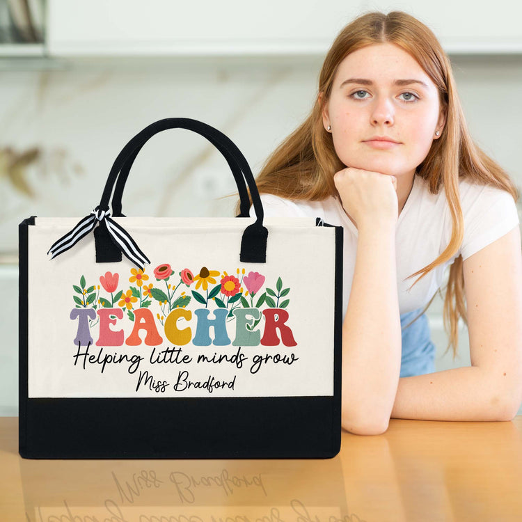 Personalized Teacher Canvas Zipper Tote Bag, Helping Little Minds Grow, Floral Flower Teacher Tote Bag