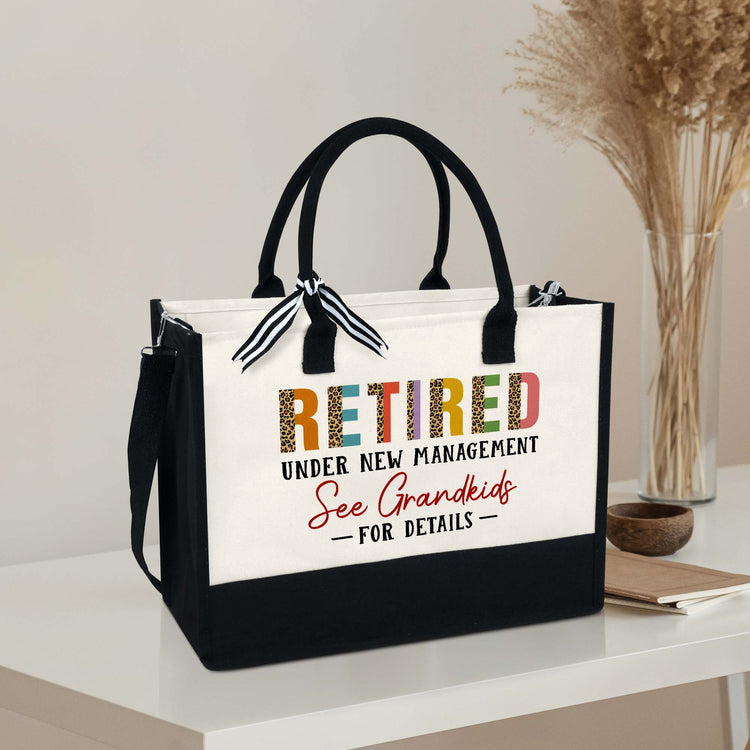 Retired Tote Bag, Gifts For Grandma, Retired Under New Management See Grandkids For Details Canvas Zipper Tote Bag