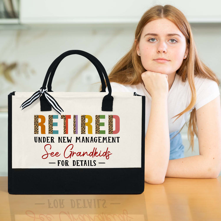 Retired Tote Bag, Gifts For Grandma, Retired Under New Management See Grandkids For Details Canvas Zipper Tote Bag