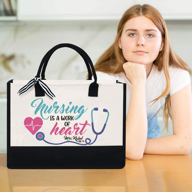 Personalized Nurse Tote Bag, Nursing Is A Work Of Heart Canvas Zipper Tote Bag
