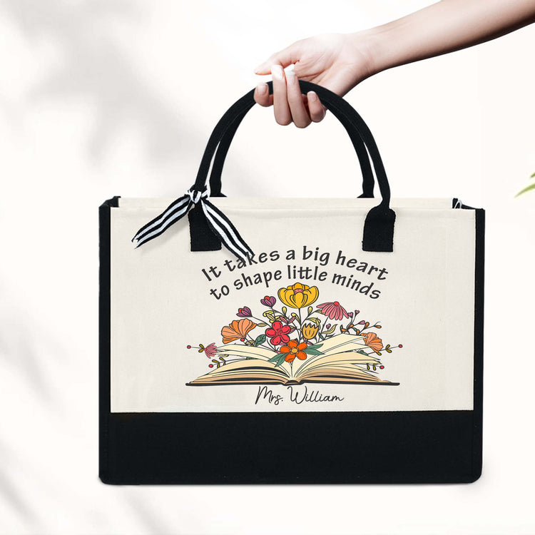 Personalized Teacher Tote Bag, It Takes A Big Heart To Shape Little Minds Floral Flowers Canvas Zipper Tote Bag