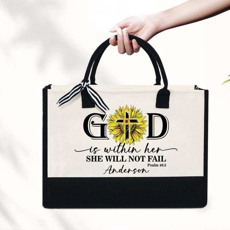 Personalized Christian Jesus Sunflower Bag, God Is Within Her She Will Not Fail Canvas Zipper Tote Bag