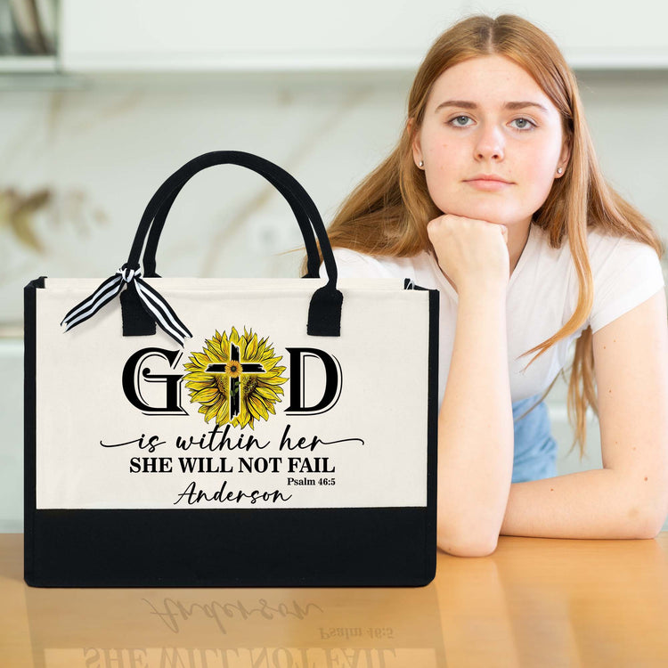 Personalized Christian Jesus Sunflower Bag, God Is Within Her She Will Not Fail Canvas Zipper Tote Bag
