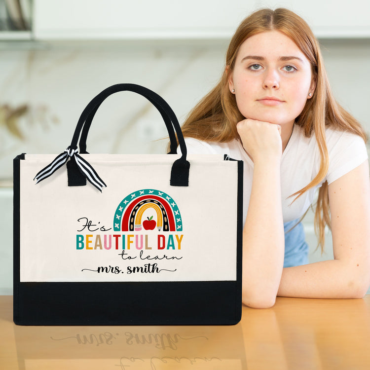 Personalized Teacher Tote Bag,  It's Beautiful Day To Learn Canvas Zipper Tote Bag