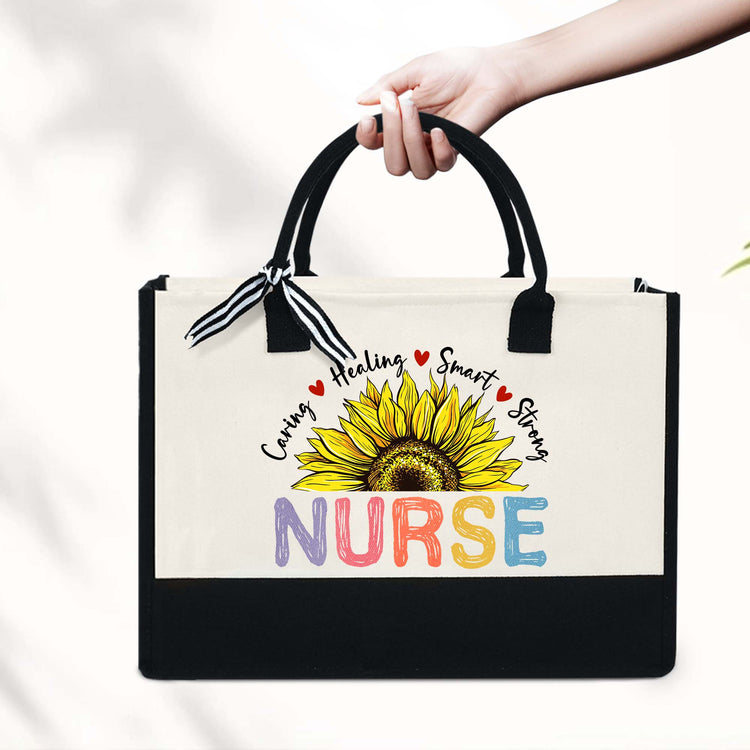 Nurse Tote Bag, Caring Healing Smart Strong Nurse Canvas Zipper Tote Bag