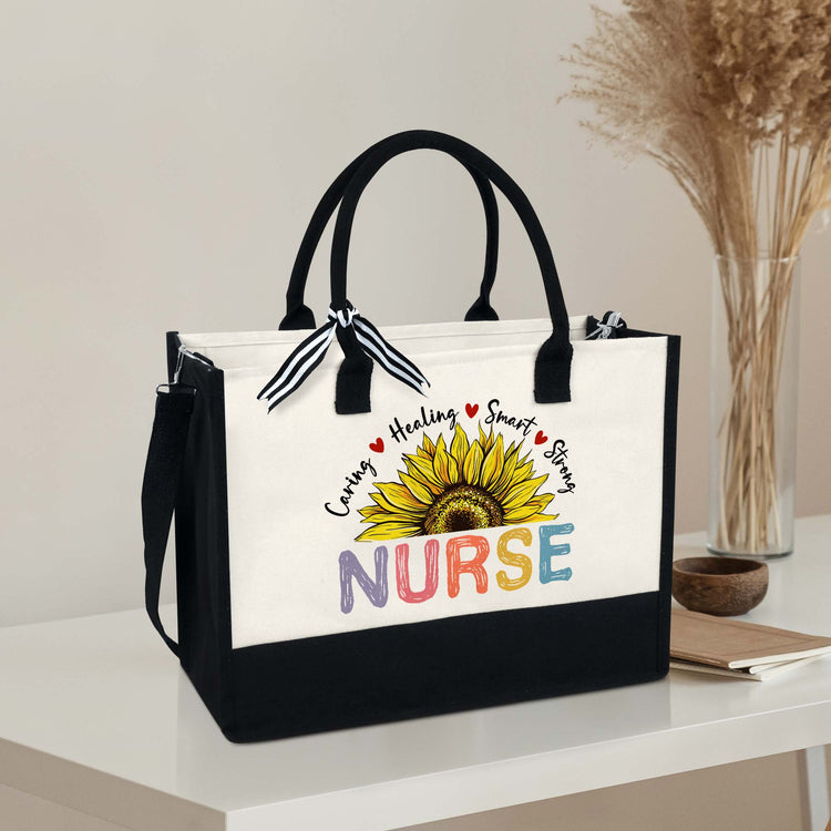 Nurse Tote Bag, Caring Healing Smart Strong Nurse Canvas Zipper Tote Bag