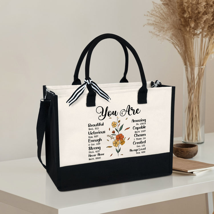 You Are Bible Verse Canvas Zipper Tote Bag, Christian Bag, Inspiration Bible Tote Bag, Flower Bag, Religious Gifts, Positive Quotes, Motivational Gifts