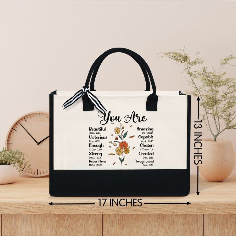 You Are Bible Verse Canvas Zipper Tote Bag, Christian Bag, Inspiration Bible Tote Bag, Flower Bag, Religious Gifts, Positive Quotes, Motivational Gifts