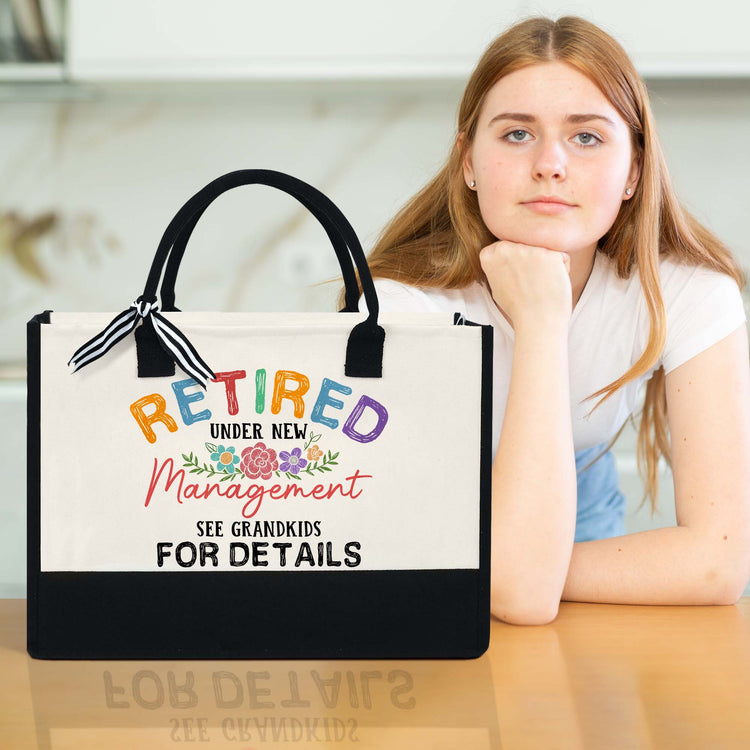 Retired Tote Bag, Retired Under New Management See Grandkids For Details Canvas Zipper Tote Bag, Gifts For Grandma, Gift For Mom