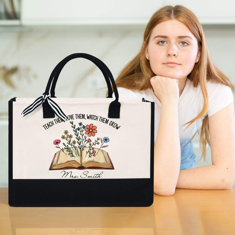 Personalized Teacher Canvas Zipper Tote Bag, Teach Them Love Them Watch Them Grow, Teacher Thank You Gifts
