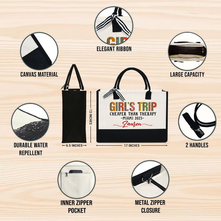 Personalized Girl's Trip Canvas Zipper Tote Bag, Girl's Trip Cheaper Than Therapy