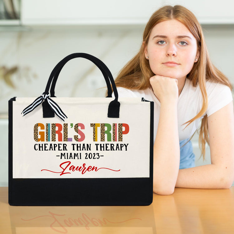 Personalized Girl's Trip Canvas Zipper Tote Bag, Girl's Trip Cheaper Than Therapy