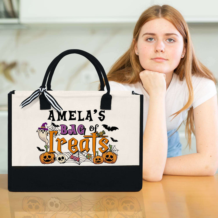 Personalized Halloween Bag, Bag Of Treat, Halloween Spooky Pumpkins Canvas Zipper Tote Bag