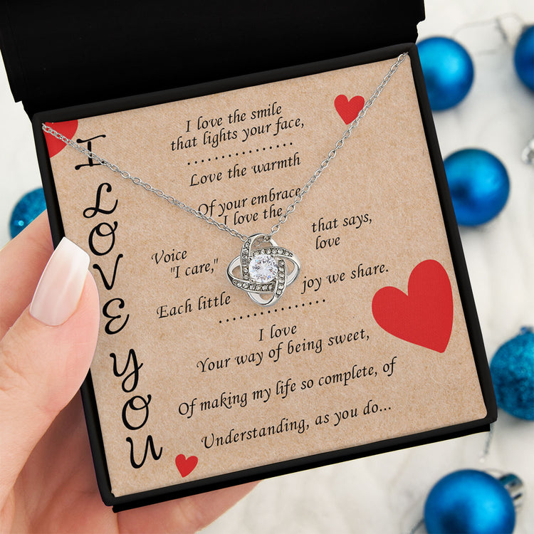 Gifts For Her, Women, Wife, Girlfriend - Love Knot Necklace With Message Card And Gift Box - I Love You