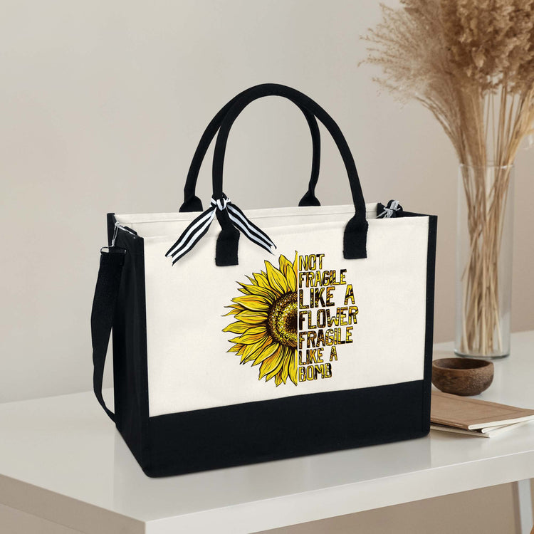 Sunflower Tote Bag, Not Fragile Like A Flower Fragile Like a Bomb, Birthday Gift For Women Sunflower Canvas Zipper Tote Bag