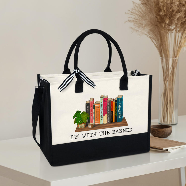 Reading Book Tote Bag, I'm With The Banned, Teacher Library Book Canvas Zipper Tote Bag