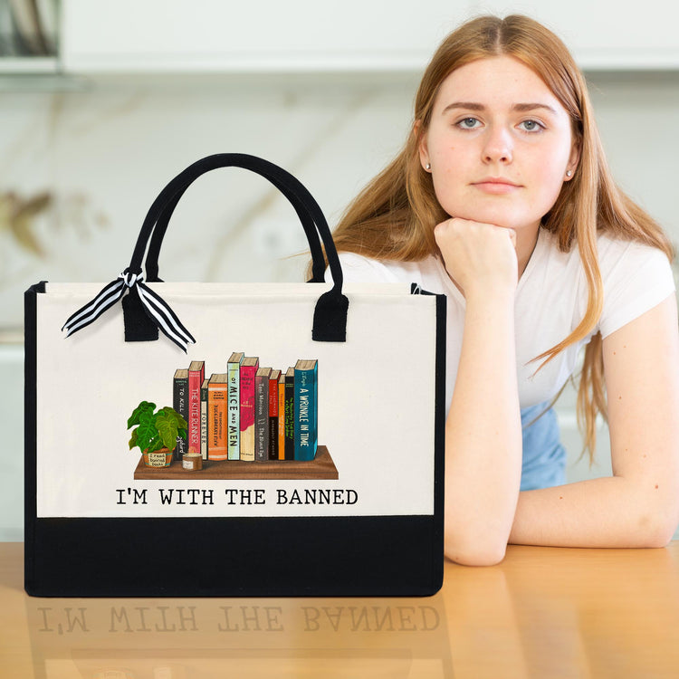 Reading Book Tote Bag, I'm With The Banned, Teacher Library Book Canvas Zipper Tote Bag