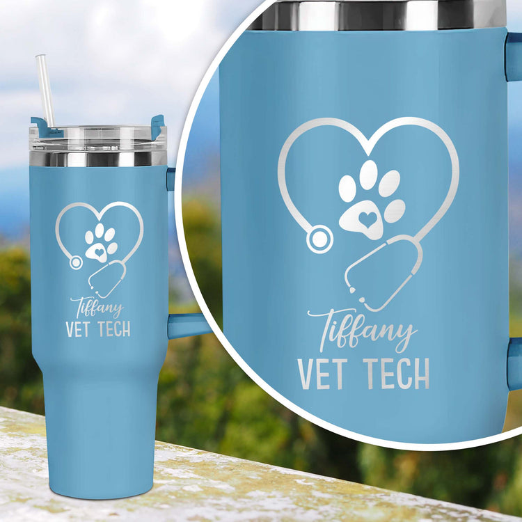 Personalized Vet Tech Tumbler with Dog Print, Custom Name Veterinary Technician, Vet Assistant, Veterinarian 40oz Tumbler Laser Engraved