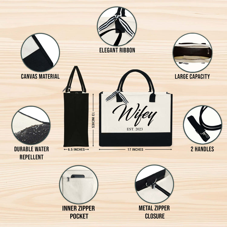 Wifey Est. 2023 Canvas Zipper Tote Bag, Gift For Wife, Anniversary Gifts