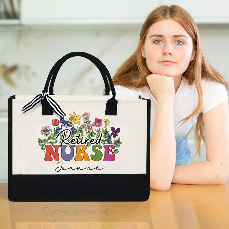 Personalized Retired Nurse, Floral Nurse Retirement Canvas Zipper Tote Bag