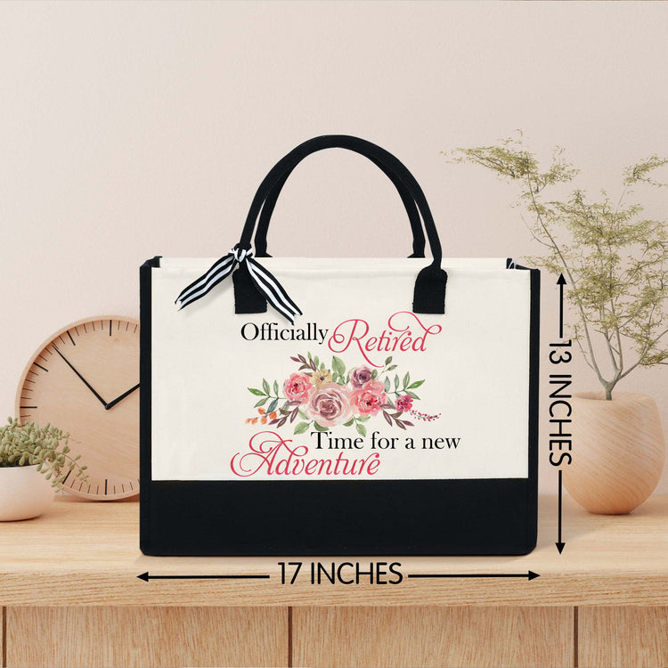 Officially Retired Time For A New Adventure Floral Flowers Canvas Zipper Tote Bag