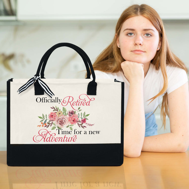 Officially Retired Time For A New Adventure Floral Flowers Canvas Zipper Tote Bag