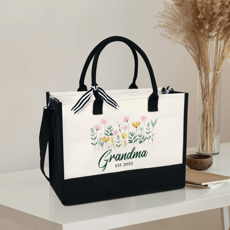 Personalized Grandma Est. 2023, New Grandma, Floral Nana Birthday Canvas Zipper Tote Bag
