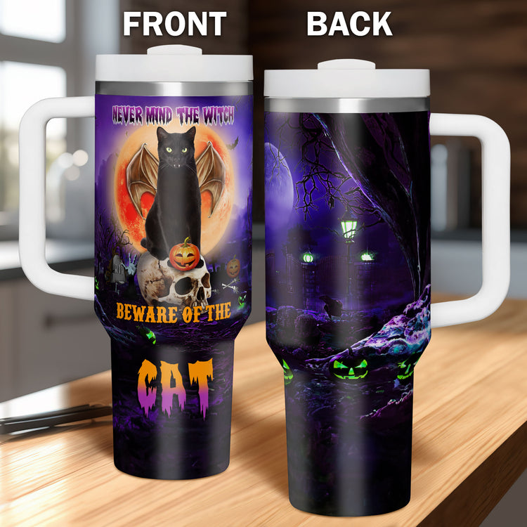Halloween Black Cat 40oz Tumbler 5D Printed, Never Mind The Witch Beware Of The Cat