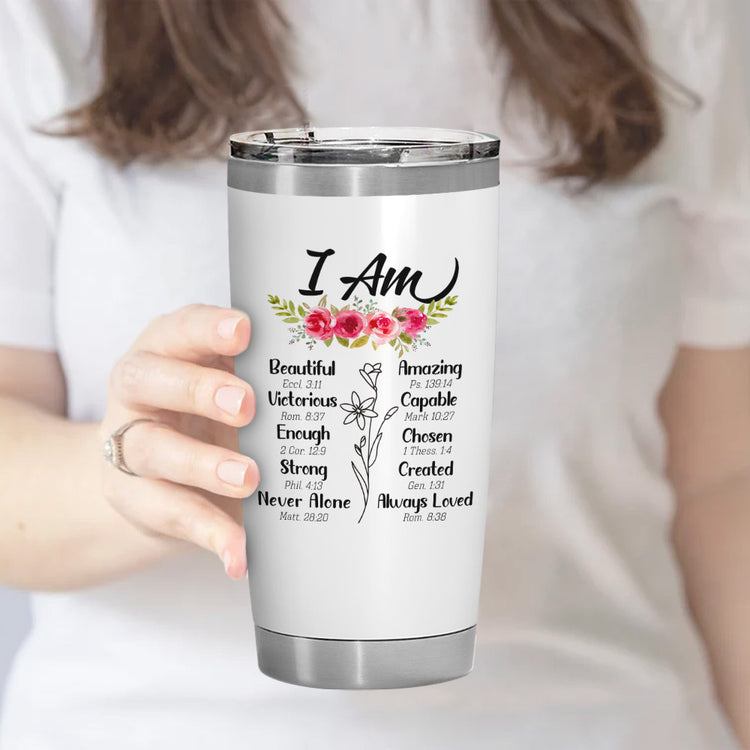 I Am Tumbler 20oz Premium Stainless Steel with Lid Double Wall Travel Mug Durable Powder Coated, Durable Construction, Excellence Design, Spiritual Gifts, Self-help Stress Relief , Christian Jesus Religious Gift For Women