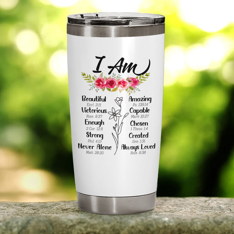 I Am Tumbler 20oz Premium Stainless Steel with Lid Double Wall Travel Mug Durable Powder Coated, Durable Construction, Excellence Design, Spiritual Gifts, Self-help Stress Relief , Christian Jesus Religious Gift For Women